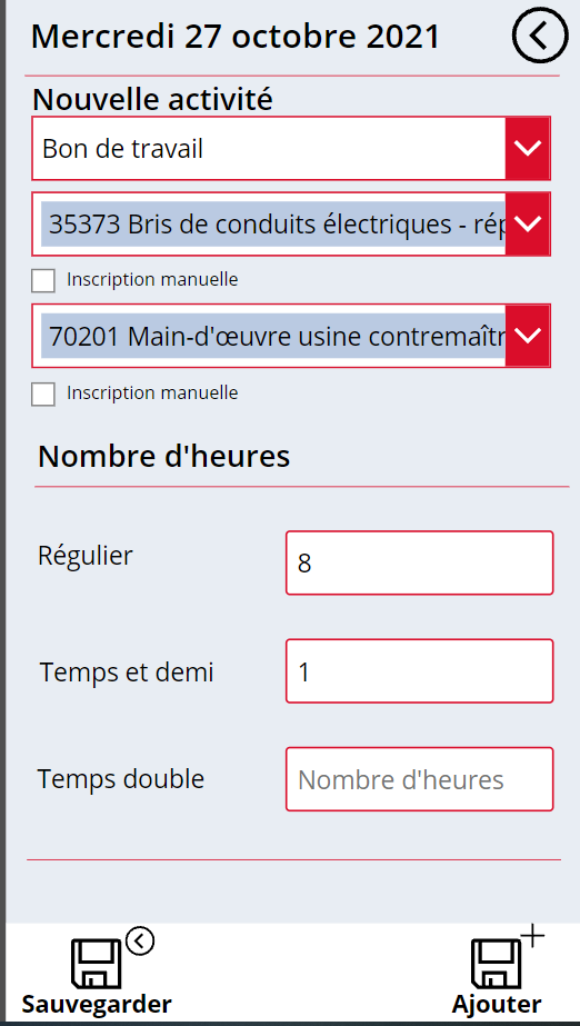 Capture d’écran de l’application — Feuille de temps chantier