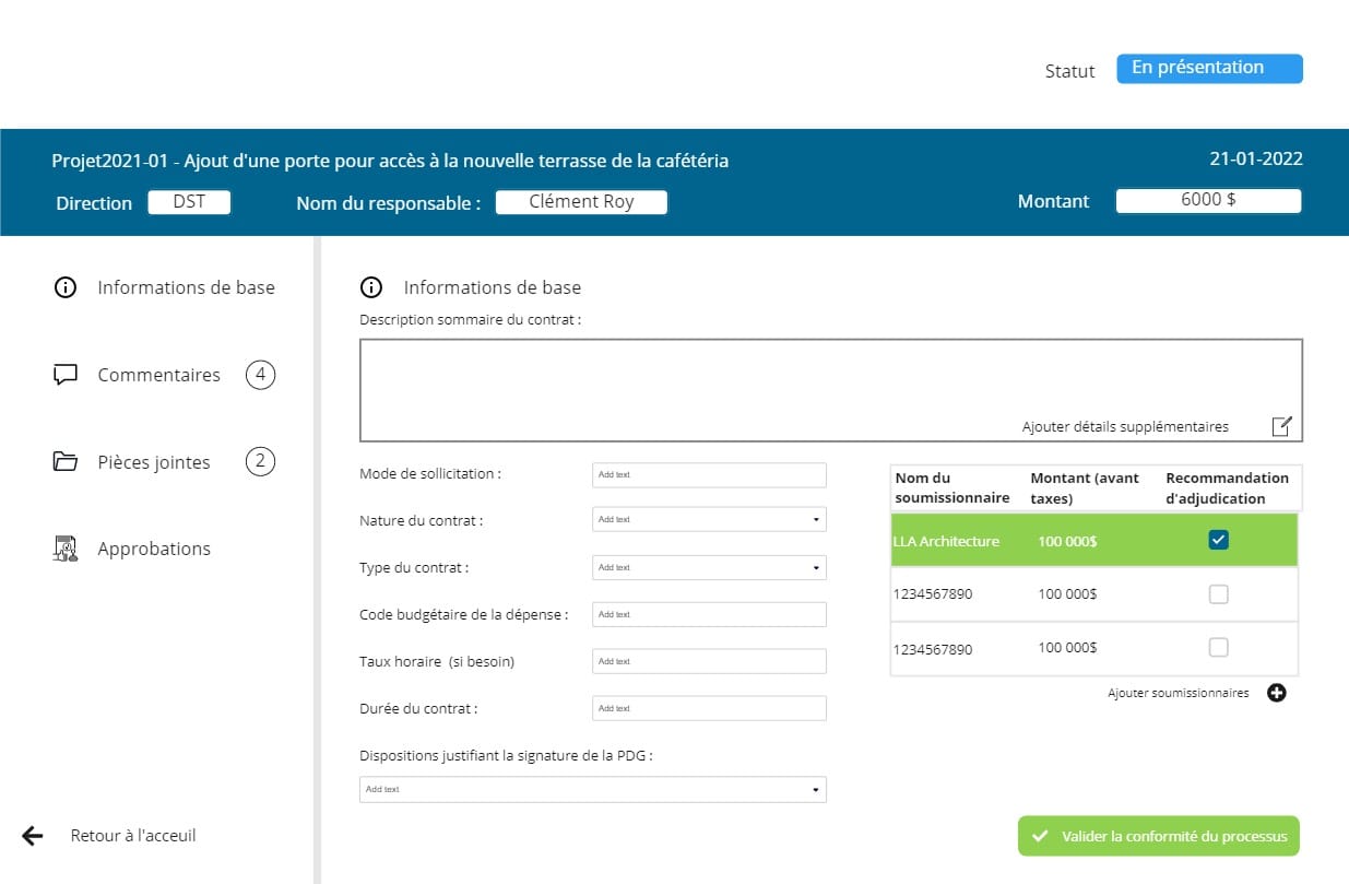 Capture d’écran de l’application — Automatisation du processus de gestion contractuelle