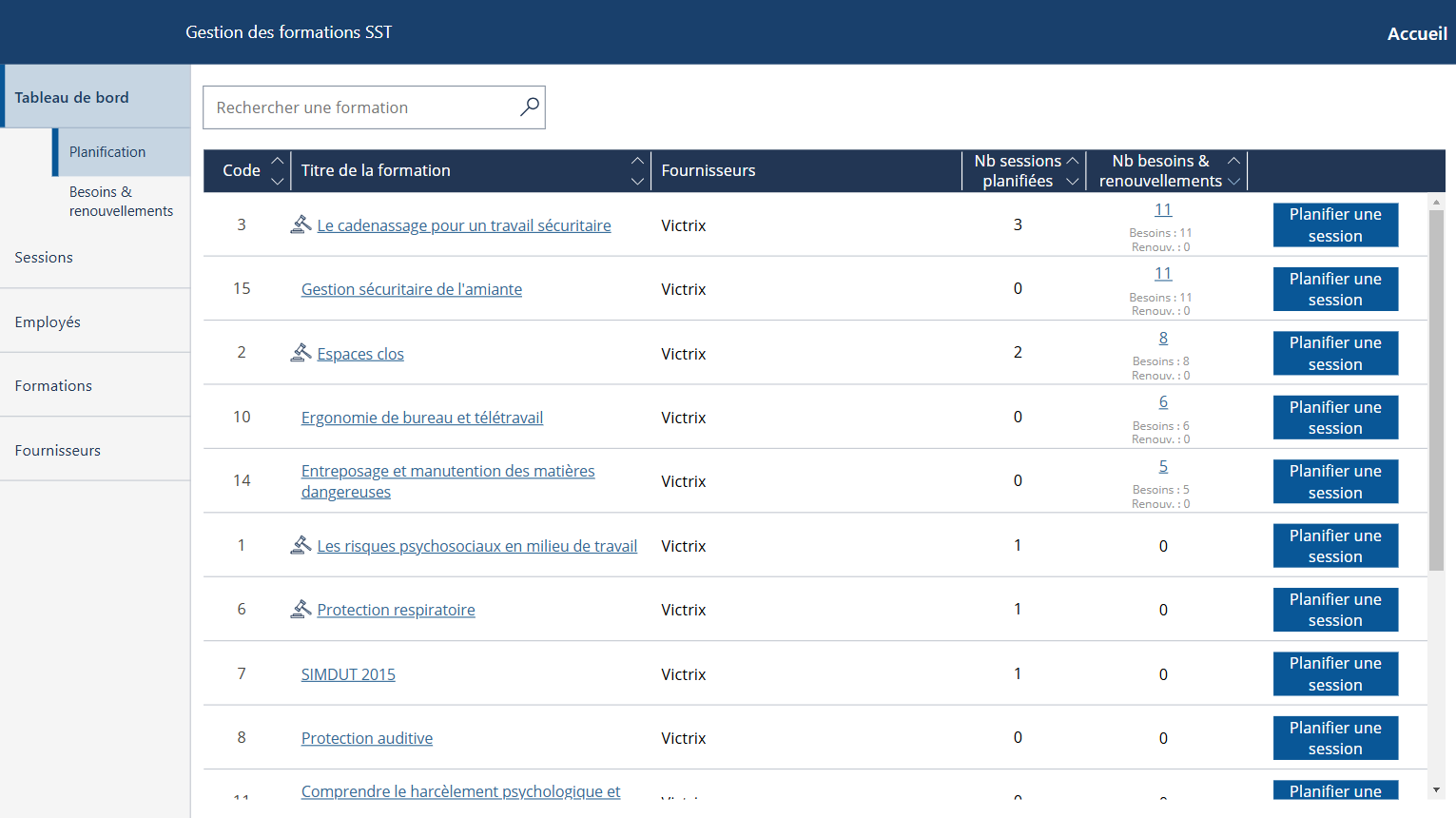 Capture d’écran de l’application — Gestion des formations pour les employés