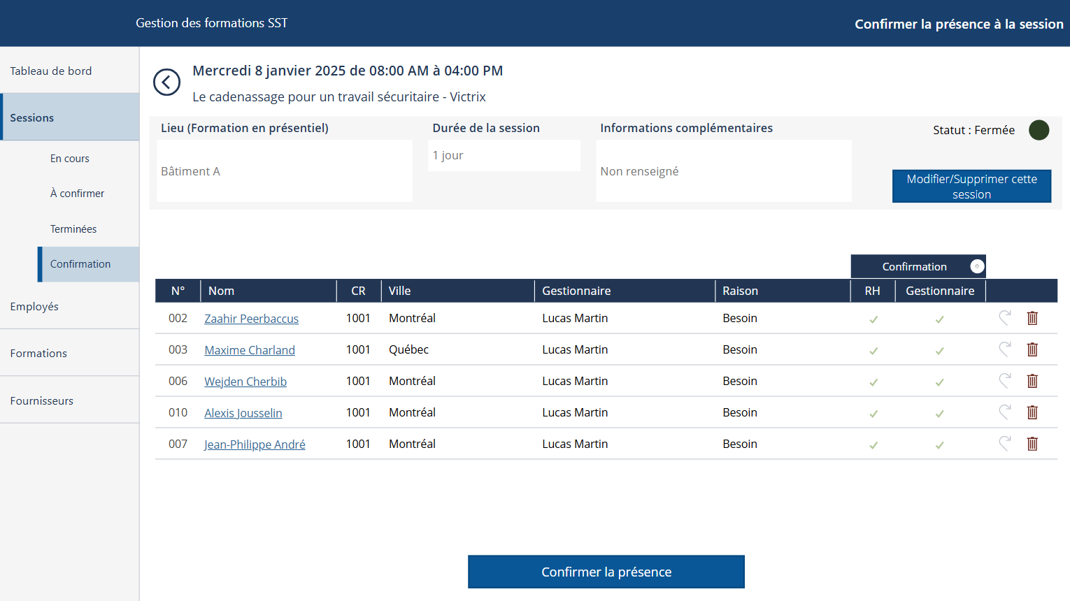 Capture d’écran de l’application — Gestion des formations pour les employés