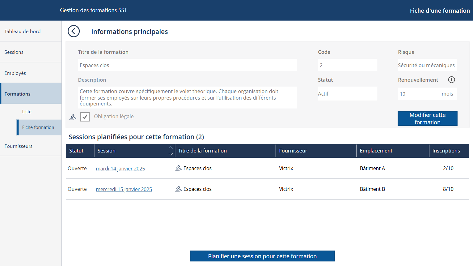 Capture d’écran de l’application — Gestion des formations pour les employés
