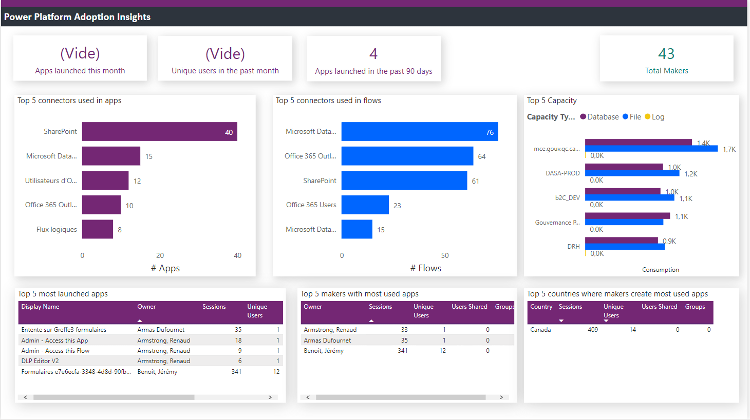 Capture d’écran de l’application — Gouvernance des outils Power Platform