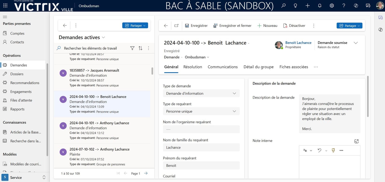 Capture d’écran de l’application — Portail de gestion des requêtes pour l’Ombudsman