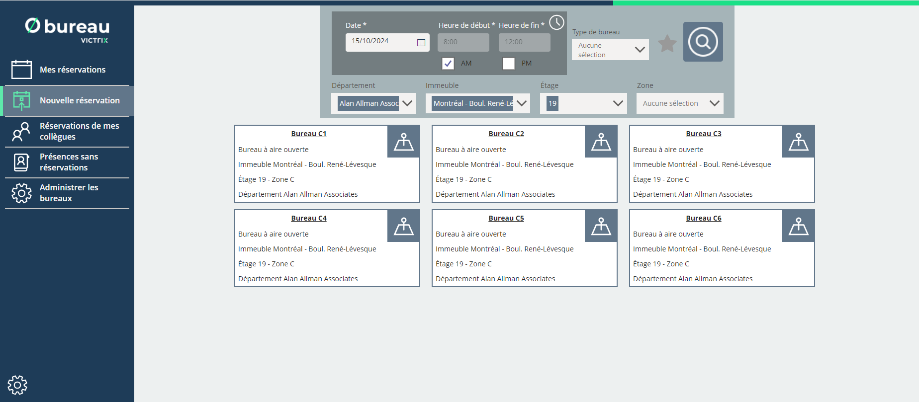 Visualisation de l'application O Bureau de Victrix pour un employé